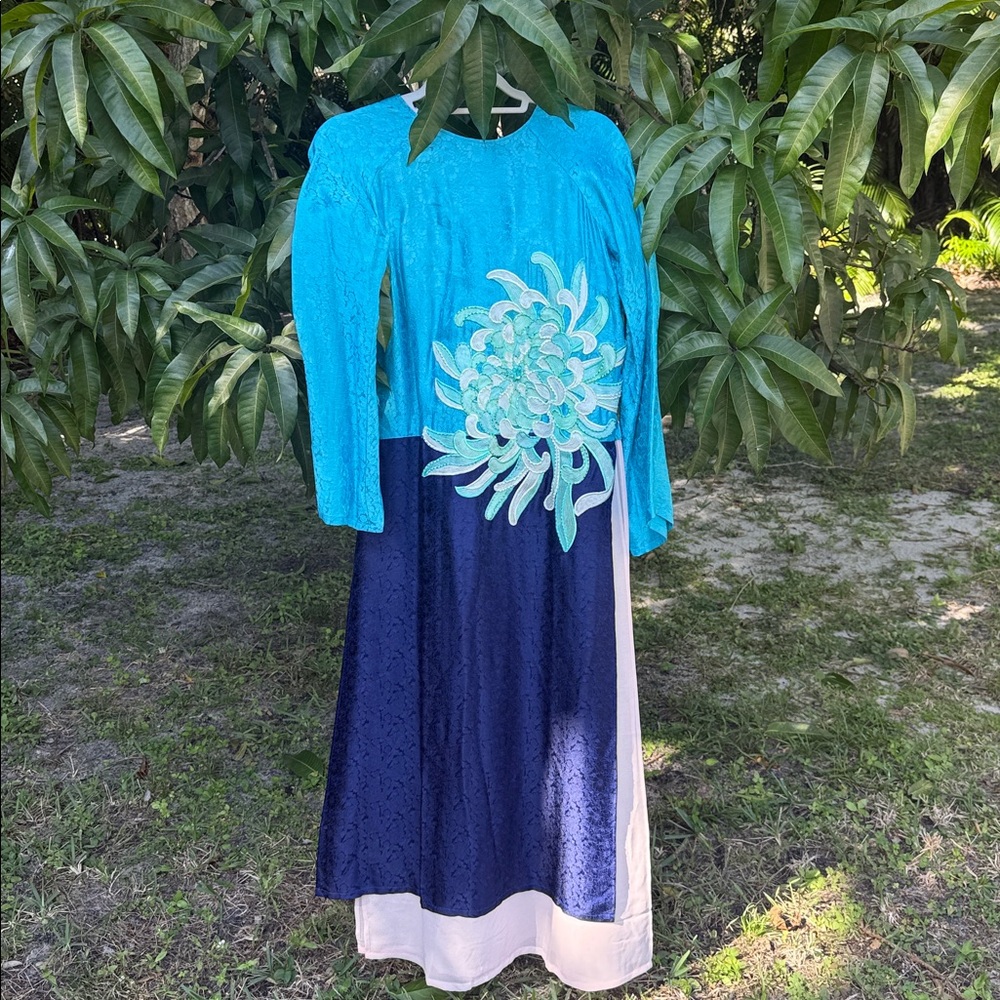 Vibrant Teal and Navy Asymmetrical Dress Pure silk.
